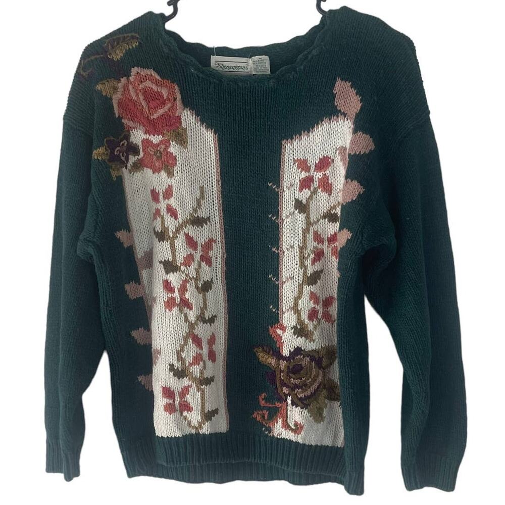 Shenanigans Vintage 90s‎ Women's Size Medium Rose Floral Crochet Green Sweater